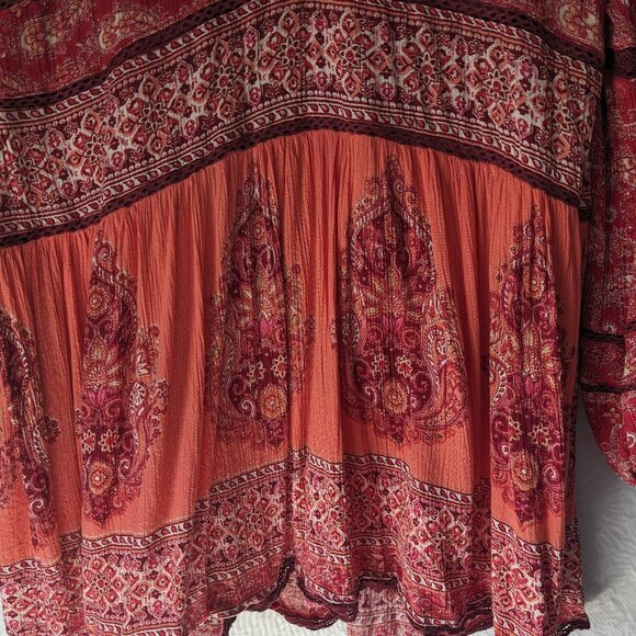 FREE PEOPLE Luna Scarf Print V-neck Tunic Boho Top Mini Dress Flowy Red Size S - Picture 7 of 13